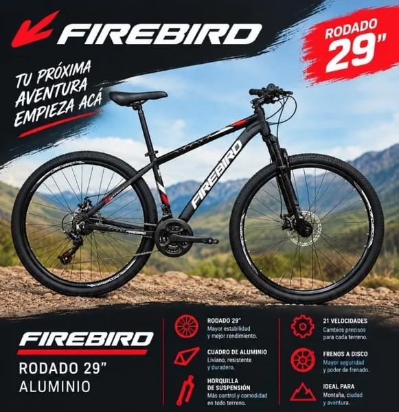 Bicicleta FIREBIRD Aluminio Rodado 29" NEGRO/BLANCO/ROJO