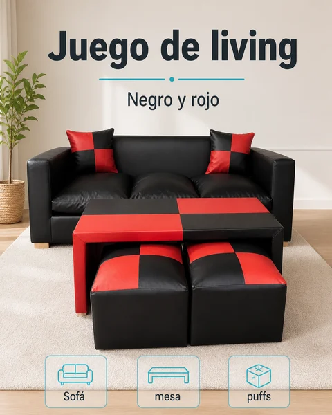 Juego de Living Negro y Rojo con Mesa y 2 Puffs